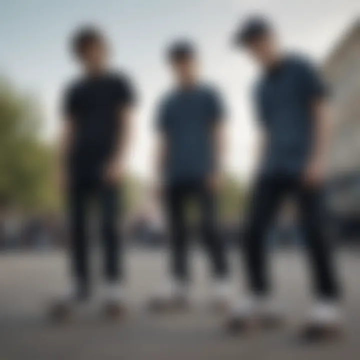 Group of skaters showcasing diverse styles with black washed denim