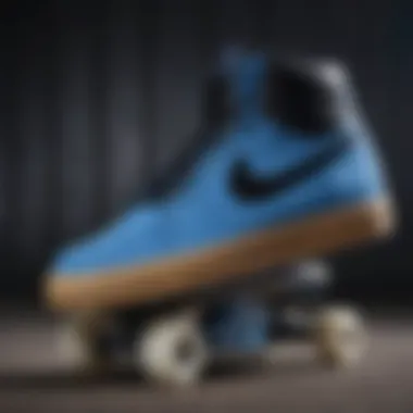 Trendy blue black Nike shoes displayed with skateboard gear