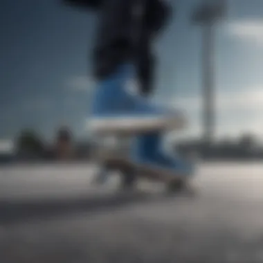 Skateboarder performing tricks while wearing blue black Nike shoes