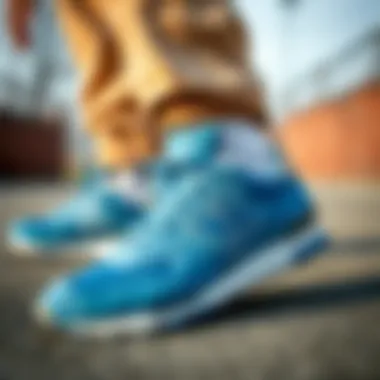 Close-up of blue New Balance sneakers showcasing comfort features