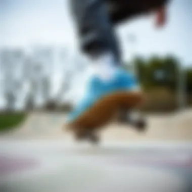 Skateboarder wearing blue New Balance sneakers at a skate park