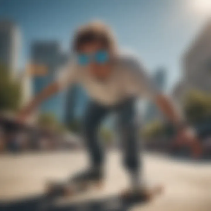 Skateboarder showcasing sunglasses while performing tricks