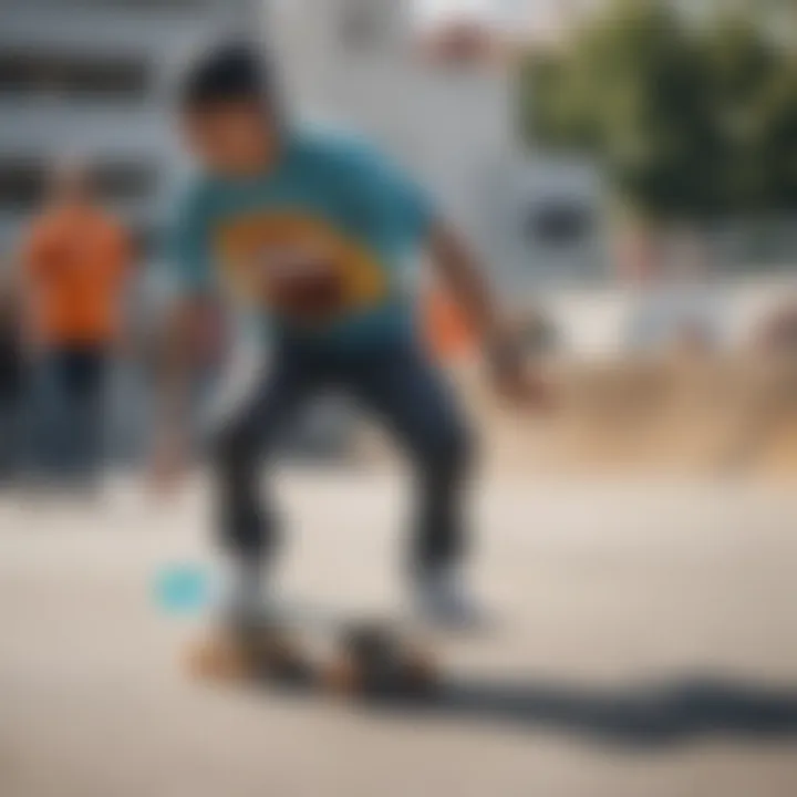 Skateboarders wearing bright graphic tees during a lively skate session