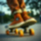 Stylish brown shoes on a skateboard