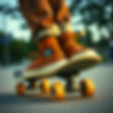 Stylish brown shoes on a skateboard