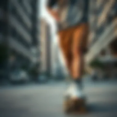 Skateboarder wearing brown graphic shorts in urban setting