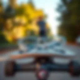 A close-up of chunky clear glasses resting on a skateboard deck showcasing their design.