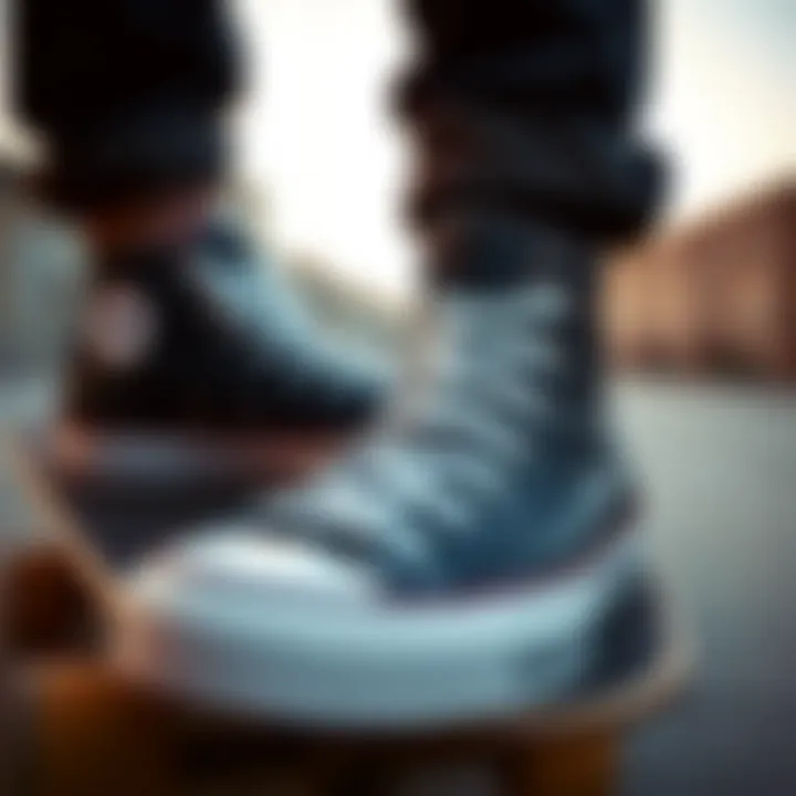 A close-up of Converse High Tops on a skateboard