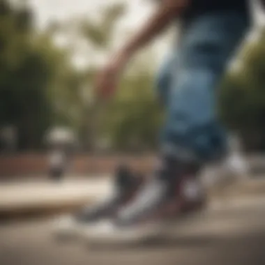 A skateboarder wearing personalized embroidered Converse while performing tricks.