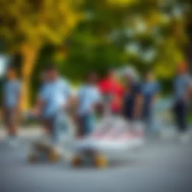 Community Vibes with Floral Vans A group of skateboarders showcasing their custom floral Vans in a park setting.