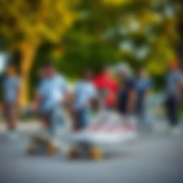 Community Vibes with Floral Vans A group of skateboarders showcasing their custom floral Vans in a park setting.