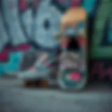 A vibrant pair of custom floral Vans against a skateboard on a graffiti wall.