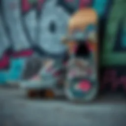 A vibrant pair of custom floral Vans against a skateboard on a graffiti wall.