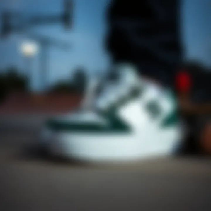 DC platform sneakers paired with essential skateboarding gear on a skate park background