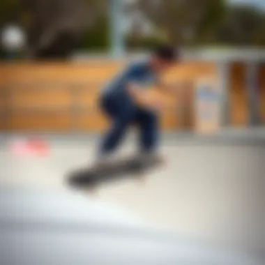 Skateboarding in Dickies Work Pants Skateboarder performing a trick in Dickies work pants at a skate park.