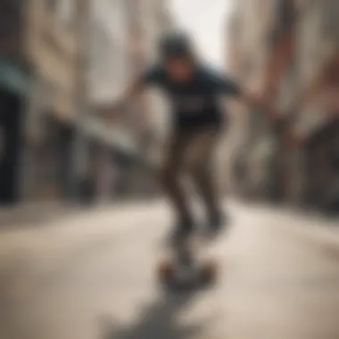 Skater maneuvering on an extra wide skateboard in an urban environment