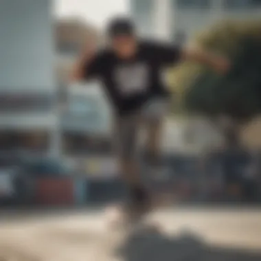 A skateboarder showcasing a stylish tee shirt while performing a trick.