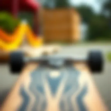 A close-up view of a 30 inch skateboard showcasing its unique deck design and texture.