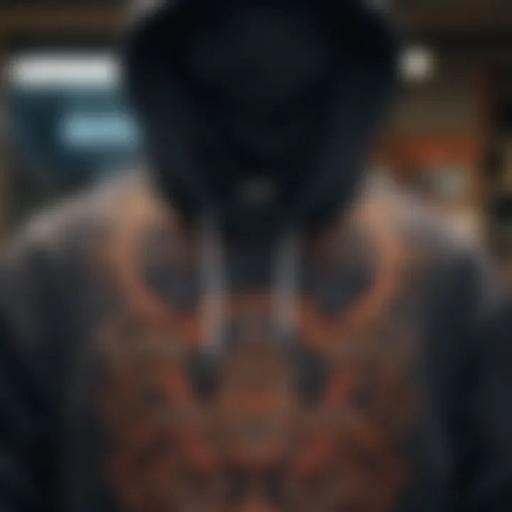 A close-up of a unique hoodie showcasing intricate designs inspired by skate culture.