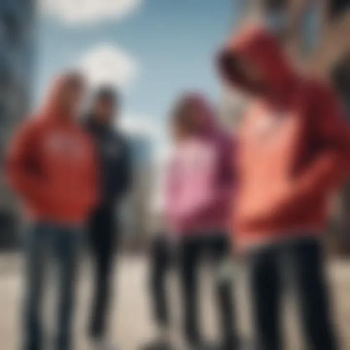 A group of skateboarders wearing exclusive hoodies in an urban setting.