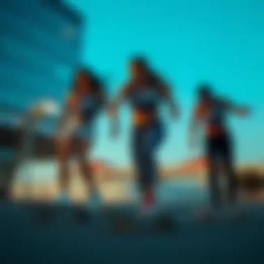 Group of skateboarders showcasing Fila crop tops in action