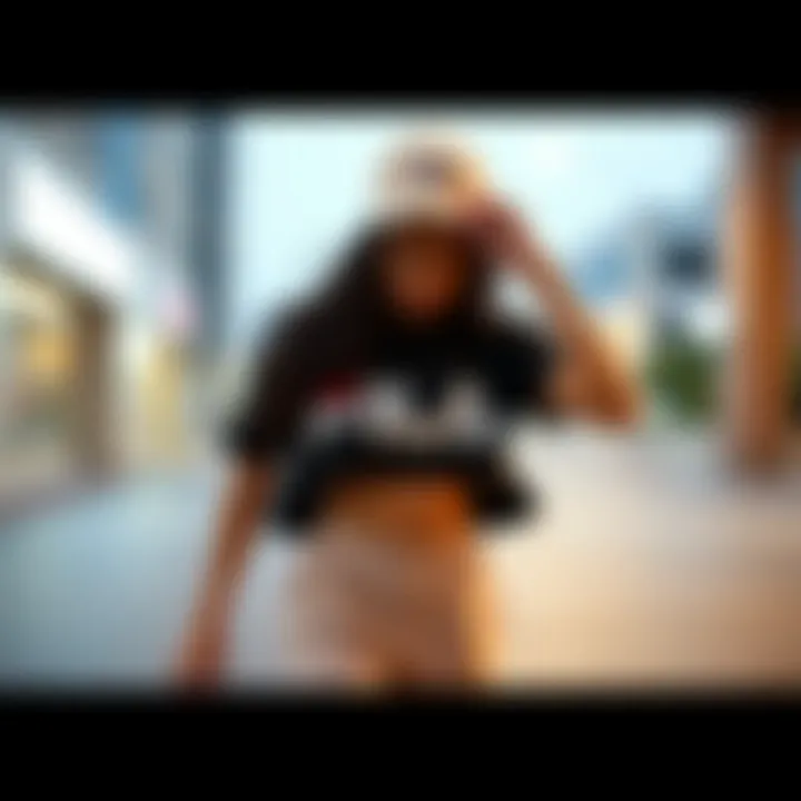 Dynamic display of Fila crop top in urban skate setting