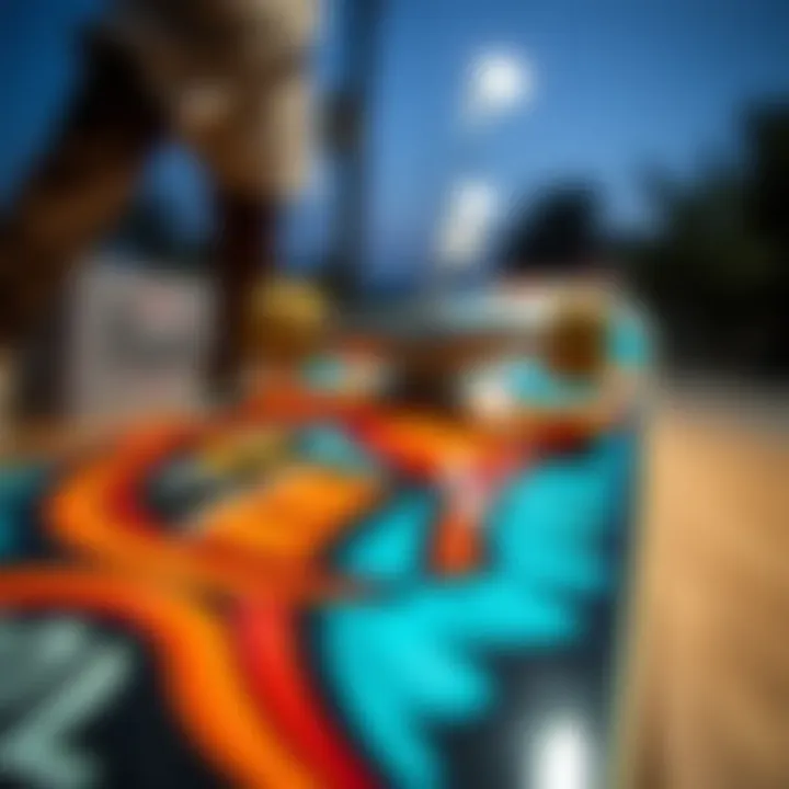 Close-up of a skateboard adorned with unique graphic art reflecting skate culture.