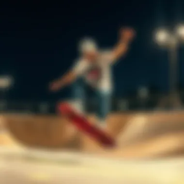 A skateboarder wearing a graphic top while performing a trick at a skate park.
