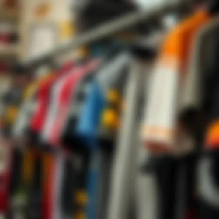 An array of graphic tops hanging on a rack, emphasizing various styles and brands.