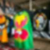 A vibrant display of graphic tops showcasing diverse designs and colors.