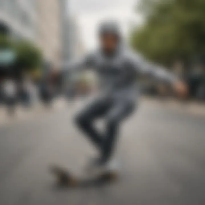 Skater performing tricks while wearing a gray camo sweatshirt