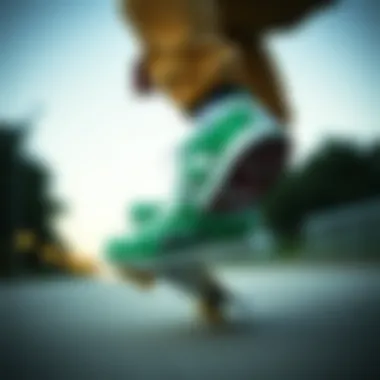 Skater performing tricks wearing green Fila sneakers