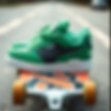 Vibrant green Fila sneakers on a skateboarding deck