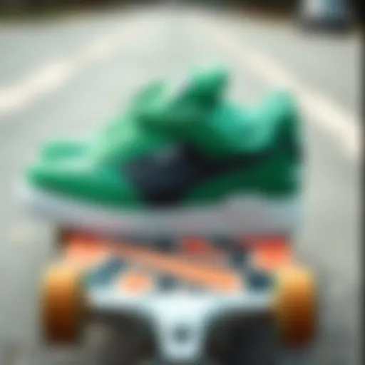 Vibrant green Fila sneakers on a skateboarding deck