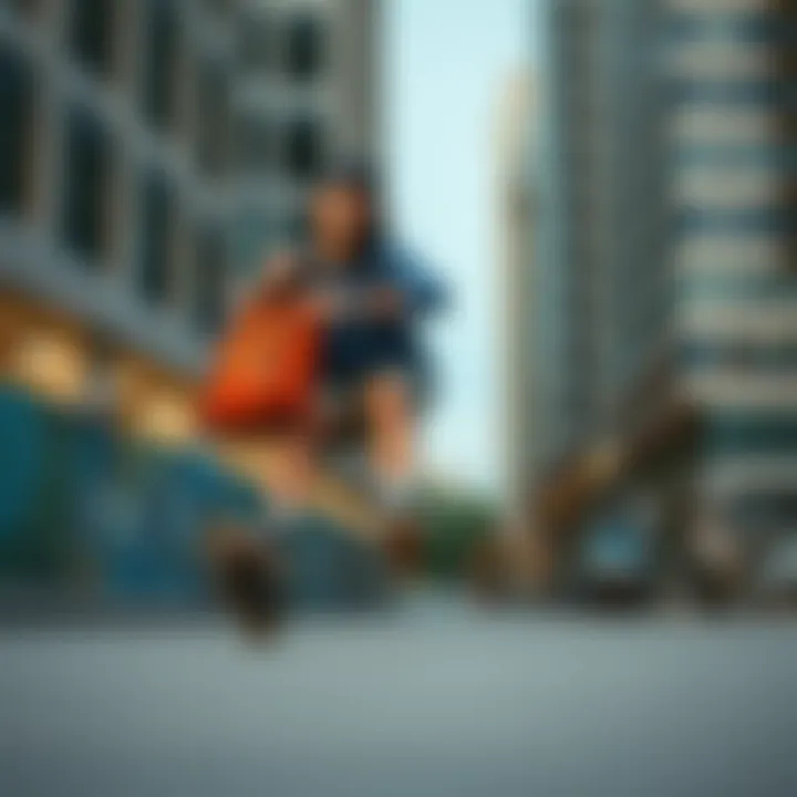 Skateboarder utilizing the Herschel shoe bag in an urban setting