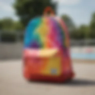 Colorful Herschel tie dye backpack against a skate park backdrop