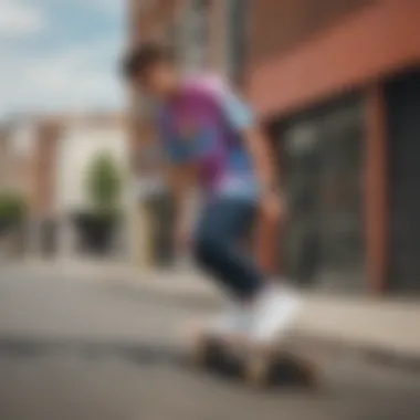 Skateboarder showcasing tie dye attire in an urban setting