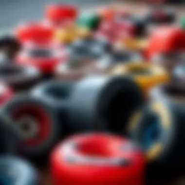 An array of skate wheels with varying diameters laid out