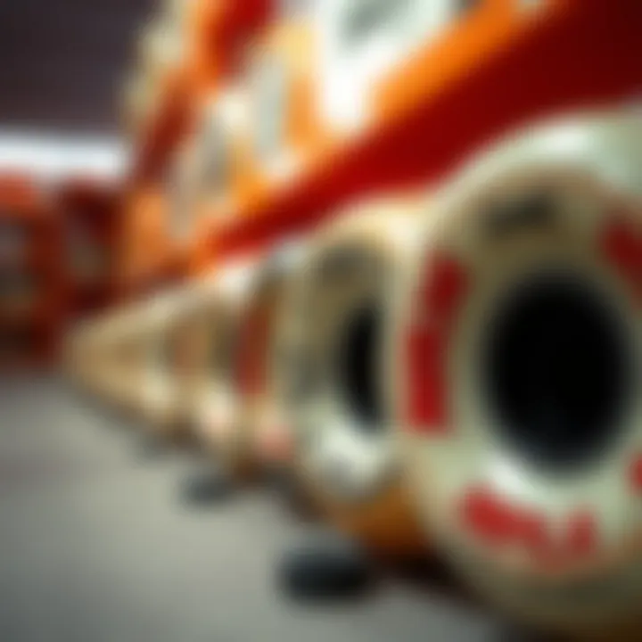 Comparative display of different hardness levels of skate wheels