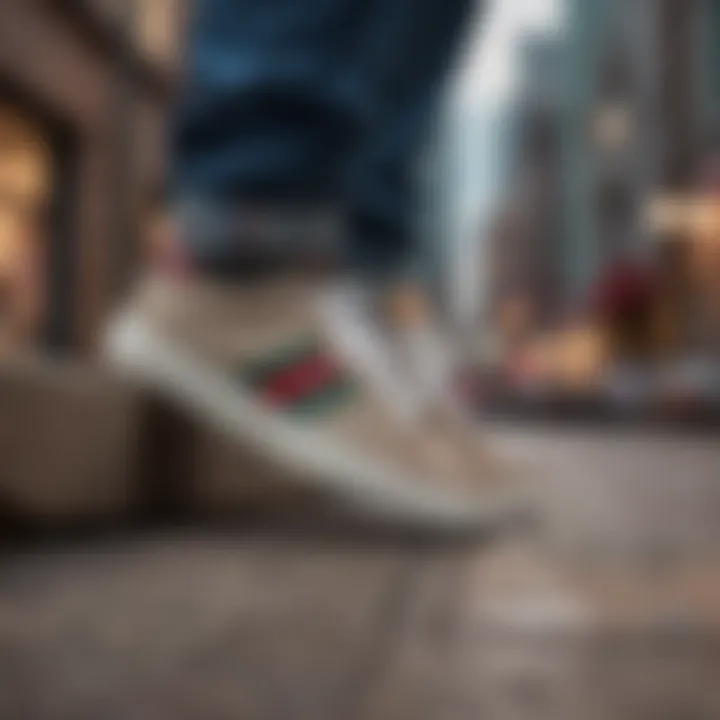 Skateboarder showing off Gucci shoes in urban setting