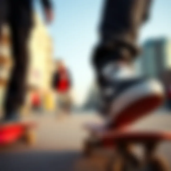 Skaters wearing knock off Vans in a vibrant urban setting