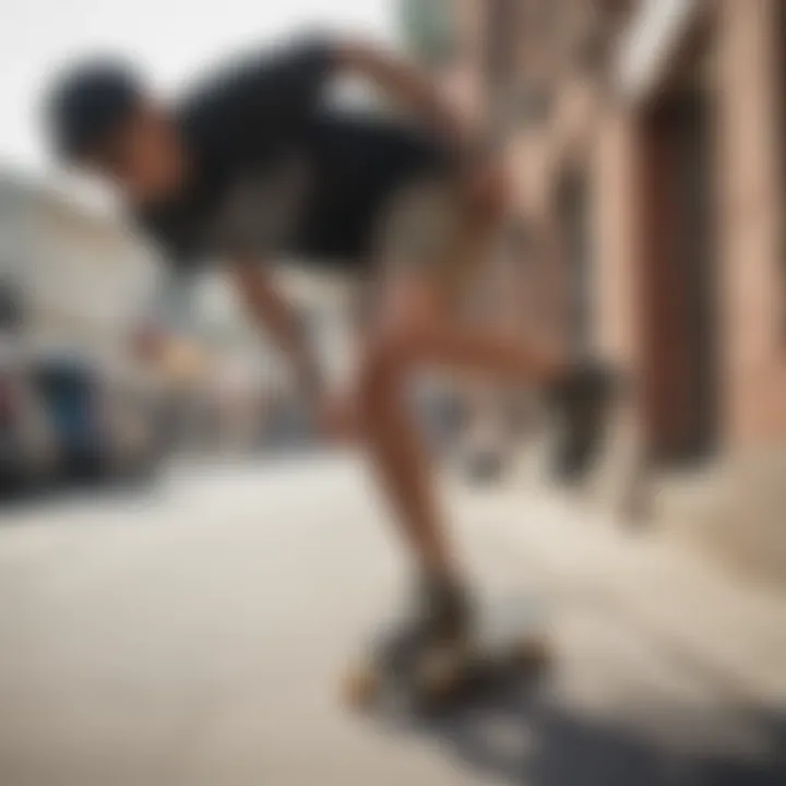 A skater wearing leopard Vans sandals on a skateboard in an urban setting.