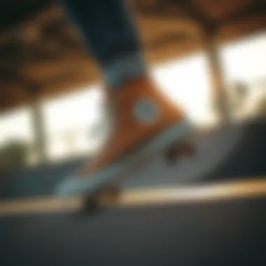 Elevating Skate Style Skateboarder wearing light brown high tops on a ramp