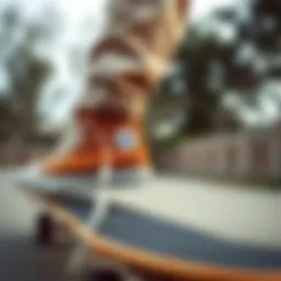 Light brown high top Converse on a skateboard