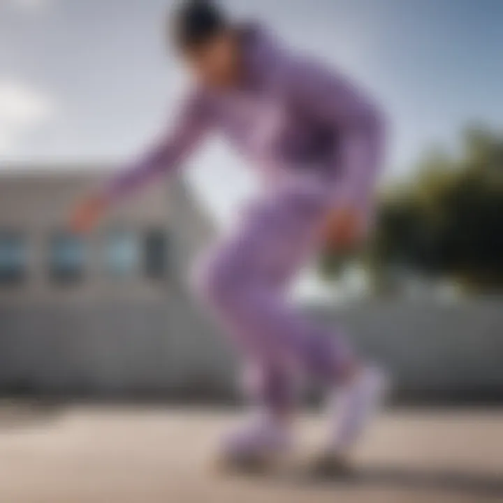 Skateboarder wearing lilac Nike sweatpants performing a trick.