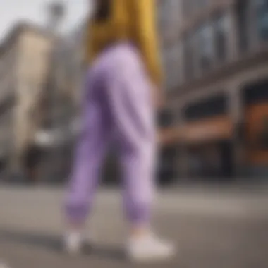 Lilac Nike sweatpants showcased in an urban skate setting.