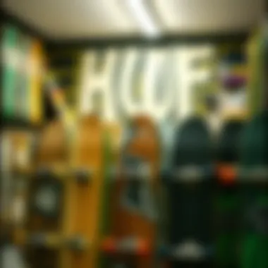 An assortment of unique skateboards and accessories available at a HUF location