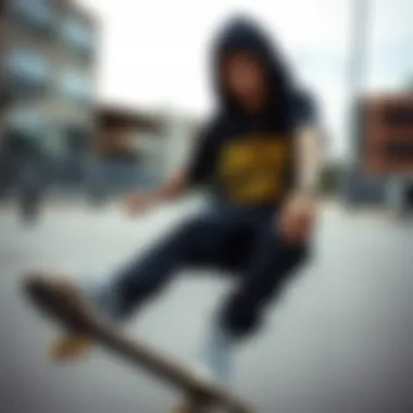 Skater showcasing Lurking Class design in an urban setting