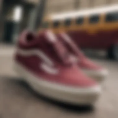 Close-up of maroon Vans showcasing design details