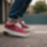 Stylish maroon low top Vans on a skateboard